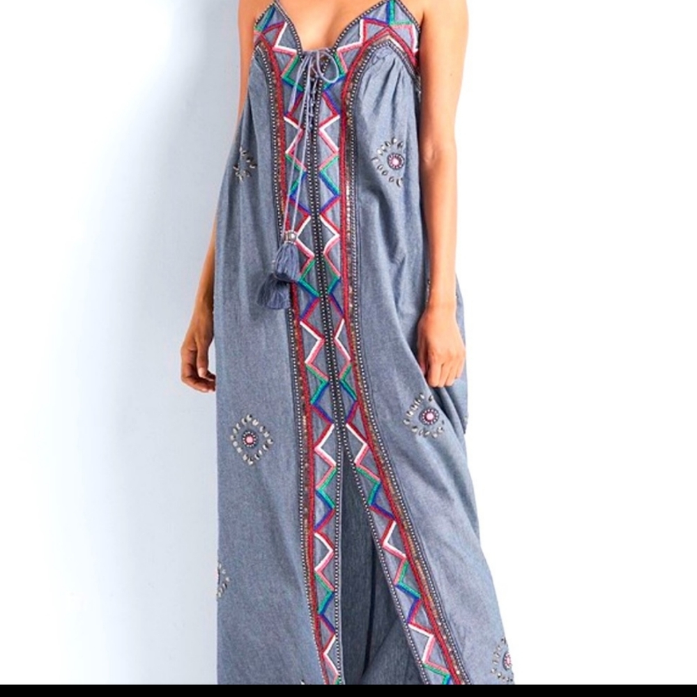 NWT BOHO DENIM MAXI DRESS BEADED